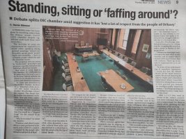 Long newspaper article about a council debate regarding whether they should keep the standing order that says councillors must stand while speaking. The headline is: Standing, sitting or 'faffing around'?