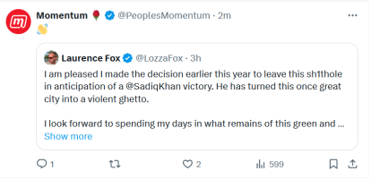 laurence fox's whiny tweet about leaving london.  momentum reply is the 'wave' emoji