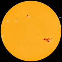 Recent solar disk with indicated sunspot regions (SDO/HMI).