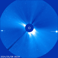 Solar coronagraph highlighting recent CMEs (LASCO, SOHO).