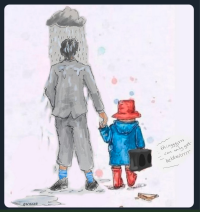 Rear view of Sunak and Paddington Bear holding hands and walking away from us.  Sunak has his own personal rain cloud eeyore style, and it is raining on him alone.   Instead of his usual attache case, Paddington is carrying a ghetto blaster which is playing 'things can only get better'