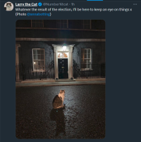 Larry the cat sitting in the roadway outside 10 downing street.  text reads 'Whatever the result of the election, I'll be here to keep an eye on things x'