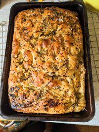 The same focaccia, baked and golden 