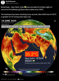 Brutal heat... New Delhi, India just recorded its hottest night on record at the Safdarjung Observatory (data since 1901). The heatwave has been rewriting many records. New Delhi has hit 40°C or greater for 37 consecutive days now.