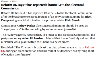 Screengrab of Guardian election feed about Reform whining to the Electoral Commission about coverage of one of its candidates saying racist stuff