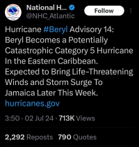 Ocean Heat Content Anomaly- 20240701Atlantic Hurricane #Beryl Advisory 14: Beryl Becomes a Potentially Catastrophic Category 5 Hurricane In the Eastern Caribbean. Expected to Bring Life-Threatening Winds and Storm Surge To Jamaica Later This Week (@NHC).