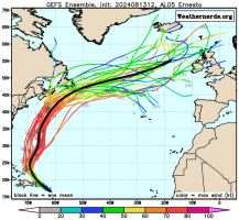 GEFS Ensemble (12z13Aug2024), AL05 Ernesto forecast tracks.