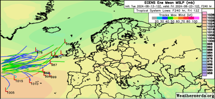 ECENS Ensemble (12z13Aug2024), AL05 Ernesto forecast tracks.