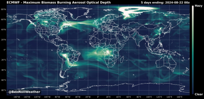 ECMWF - Maximum Biomass Burning Aerosol Optical Depth 5 days ending: 2024-08-22 00z.