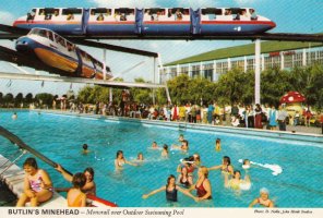 Butlin's Minehead - Monorail over Outdoor Swimming Pool by John Hinde Studios. Postally unused...jpg