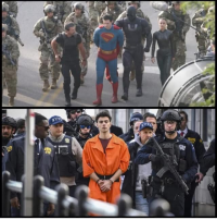 A comic book hero, juxtaposed withh a picture of Superman