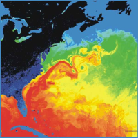 Sea in the western North Atlantic, illustrating the Gulf Stream and the separation of flow from the coast around Cape Hatteras.