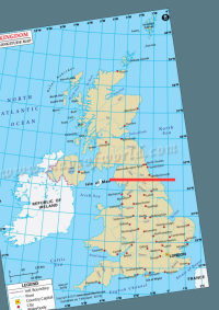 A map of These Islands aligned according to longitude and a red line roughly half way up the longest longitude.  Logical, mindful and demure. 