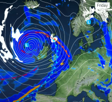 UK Met Office forecast for Friday 24 January, 2025 (issued Mon20Jan2025). 'A very deep and powerful system … with some very strong winds, heavy rain and also some snow possible at times … some disruption is possible'.