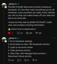 tweet shared on bluesky saying she found facebook had details of banking information, credit card and ovulation tracking details, and showing how to disconnect the activity tracking function