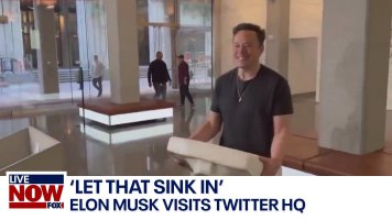 Musk carries a sink into the then Twitter HQ. “Let that sink in”. 