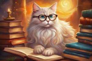 cartoon of fluffy white cat, wearing glasses, with a book open in front of them, and with a pile of books either side of them