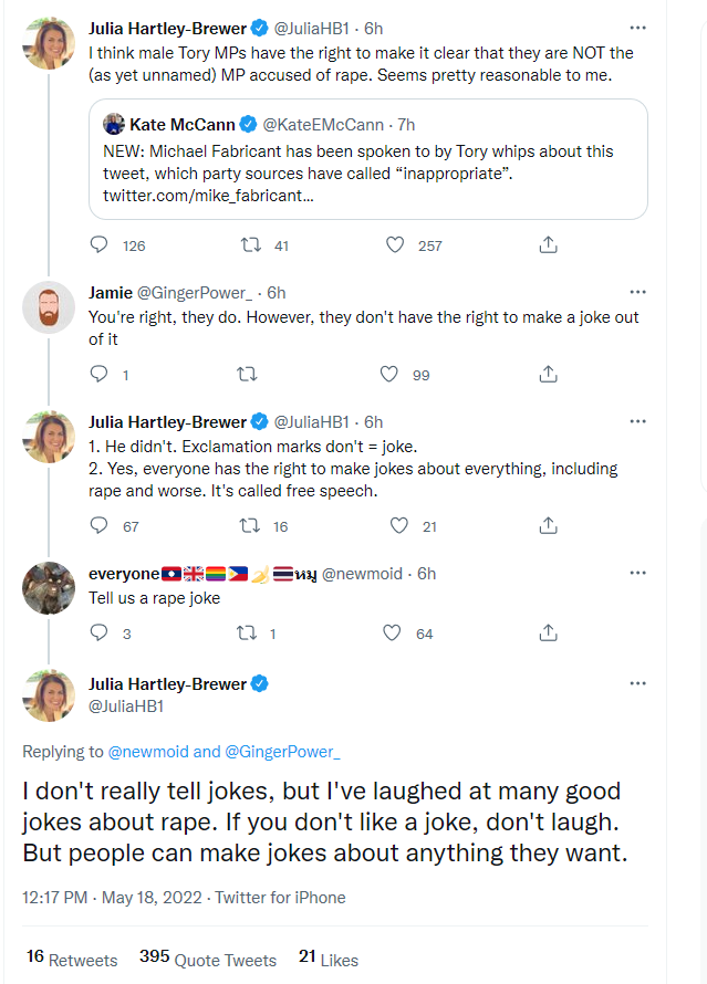 Julia Hartley-Brewer tweet defending rape jokes. Says ''People can make jokes about anything they want''