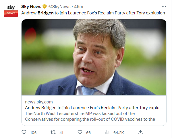 Sky News: Andrew Bridgen to join Reclaim Party