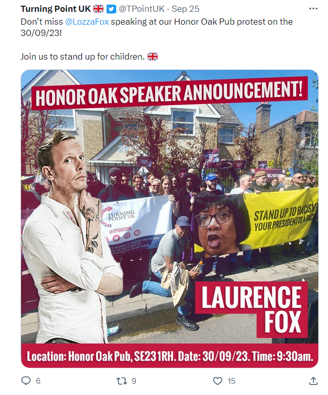 Turning Point UK ''Don’t miss @LozzaFox speaking at our Honor Oak Pub protest on the 30/09/23! Join us to stand up for children.''