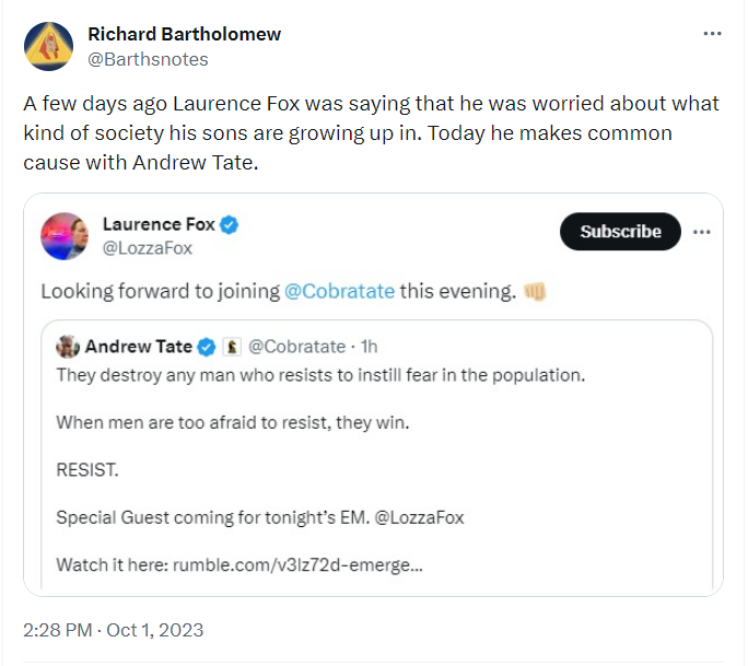 Richard Bartholomew: ''A few days ago Laurence Fox was saying that he was worried about what kind of society his sons are growing up in. Today he makes common cause with Andrew Tate.''