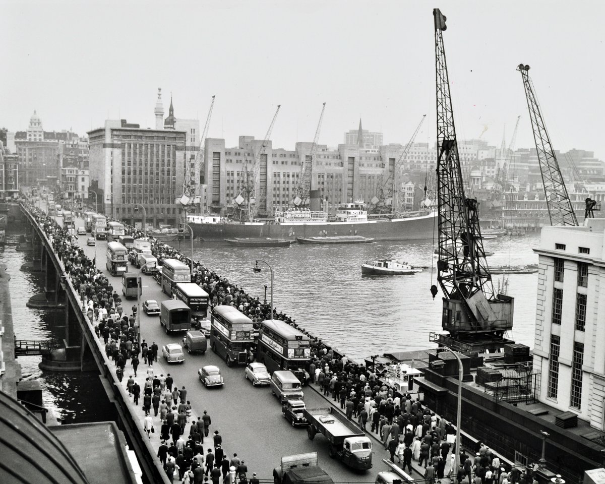 london bridge, morning rush hour, 1957