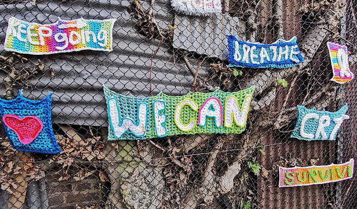 In photos: Guerrilla knitting delivers positive messages in Slade Gardens