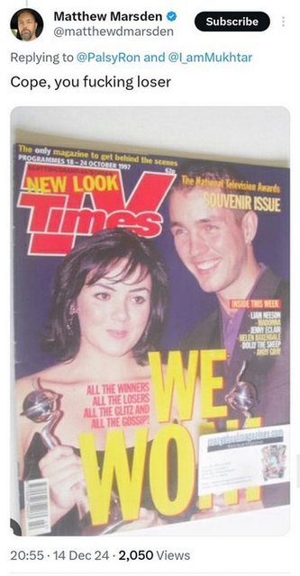 Matthew Marsden xtweets ''Cope, you fucking loser'' with a picture of a 1997 TV Times cover after he won an award''Cope, you fucking loser'' with a picture of a 1997 TV Times cover after he won an award