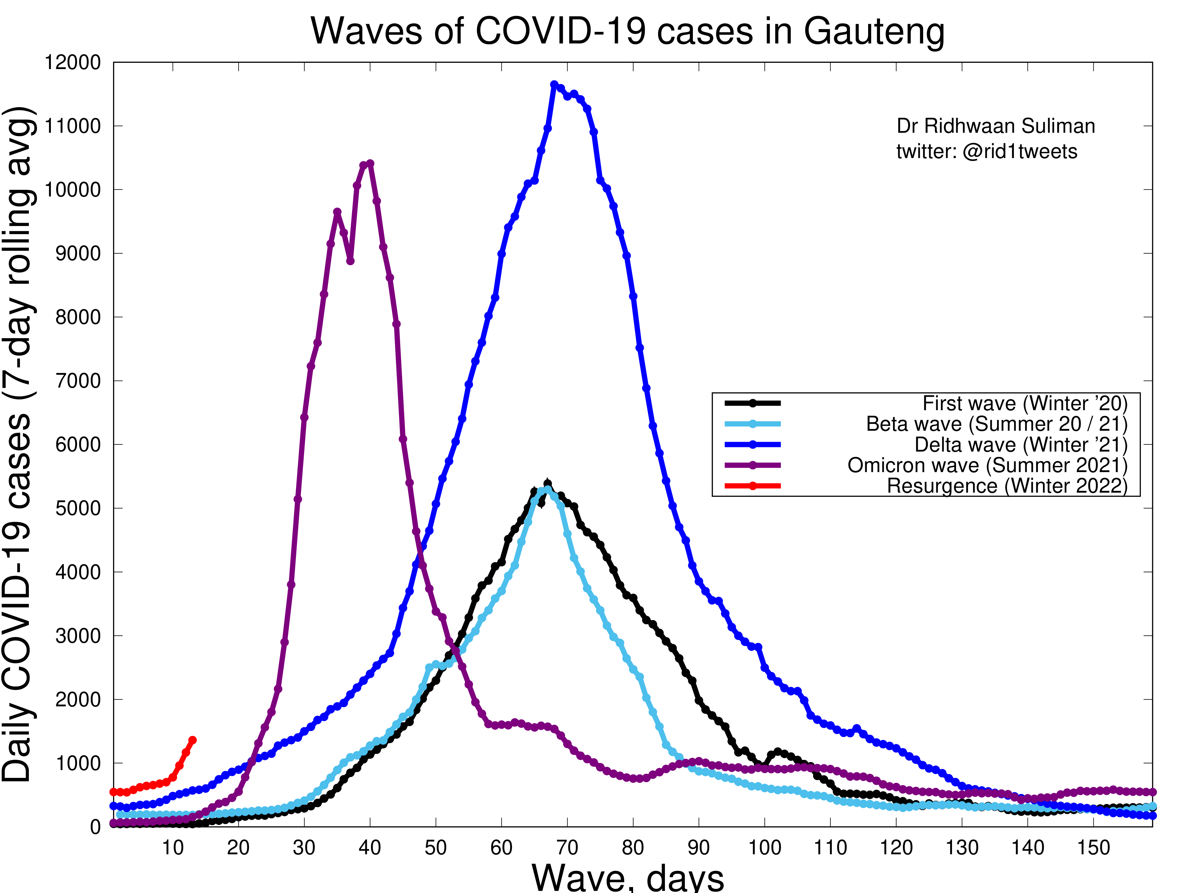 Waves of COVID-19 cases in Gauteng.