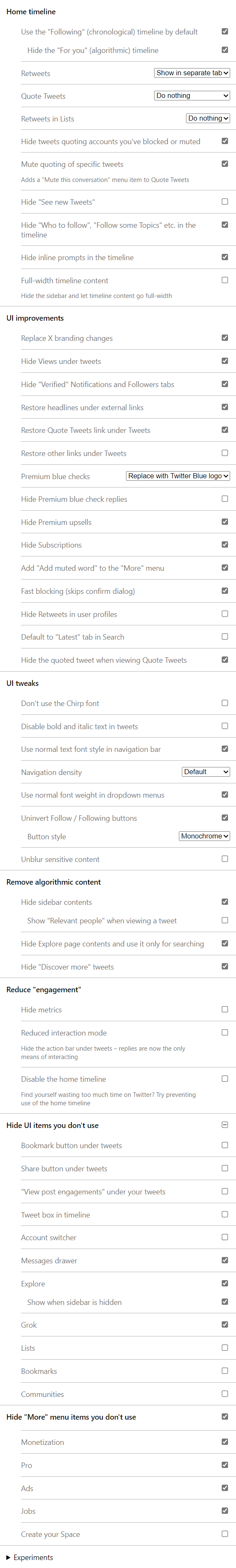 screencap of the 'Control Panel for Twitter' addon options