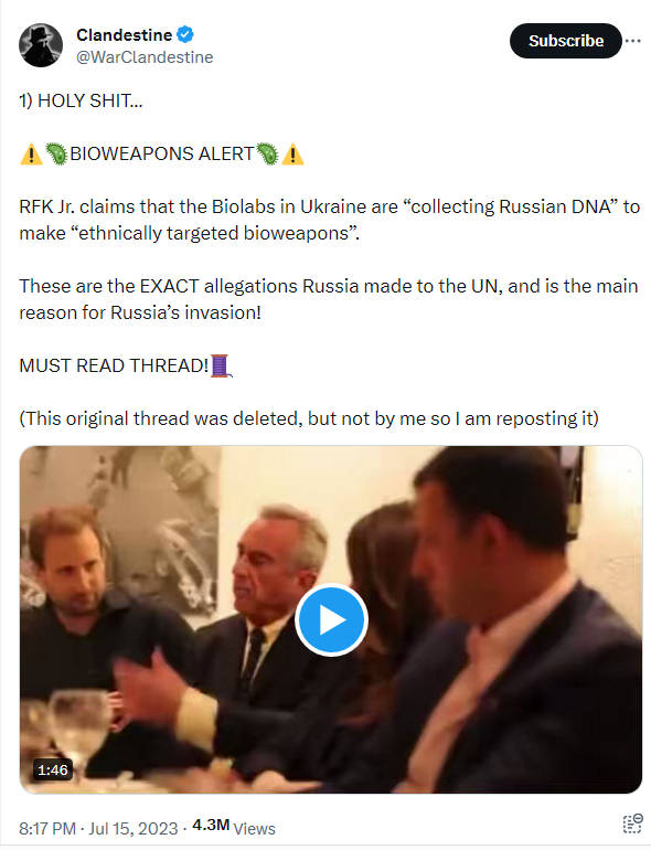 Conspiraloon tweet embedding RFK Jr video and claiming this supports idea that Russia invaded Ukraine because of US biolabs