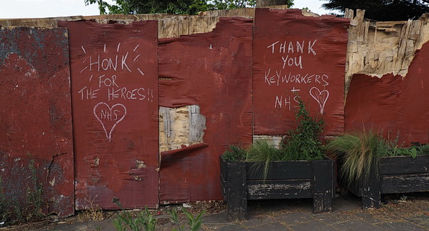 'Beep/Honk For The Doctors + Nurses' - Chalked on NHS tributes in Knight's Hill, SE27