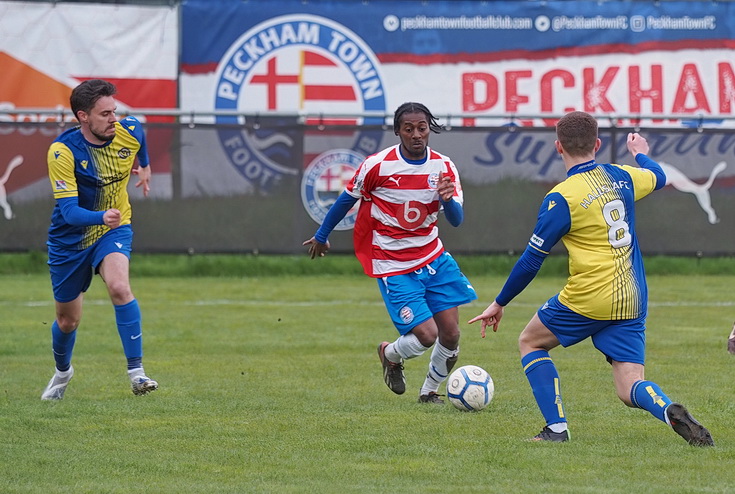 In photos: Peckham Town decked by Halls AFC in the stygian gloom of an evening kick off, Weds 26th April 2023