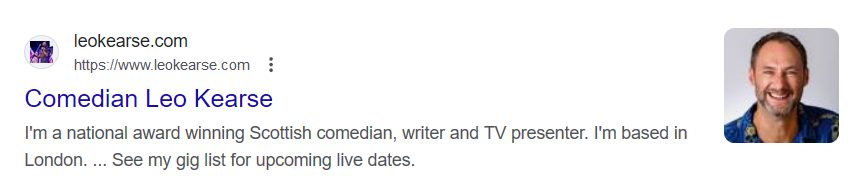 Screencap of listing for Kearse's website ''I'm a national award winning Scottish comedian, writer and TV presenter.''