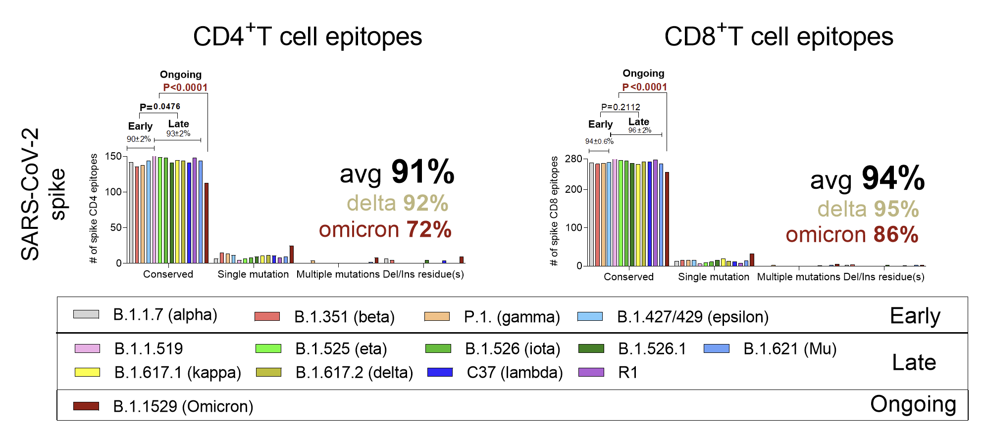 SARS-CoV-2 spike: conserved CD4+ and CD8+ T cell epitopes across variants.