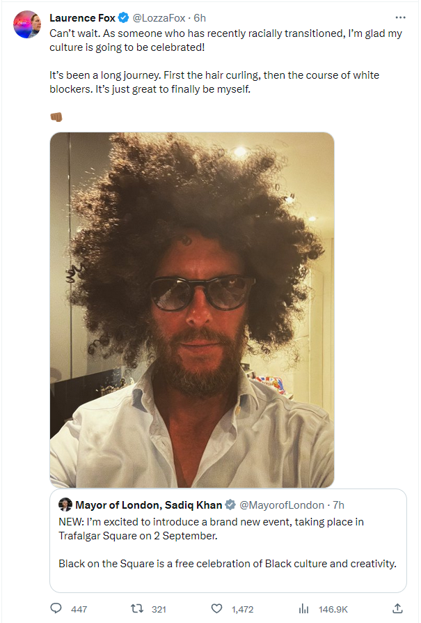 Laurence Fox posts a picture of himself in blackface because he has ''racially transitioned''