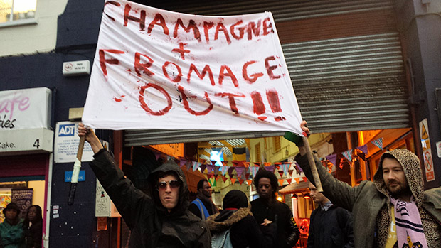 Yuppies Our protest against the opening of Champagne & Fromage in Granvile Arcade, Brixton Village, Brixton, Friday 11th October 2013