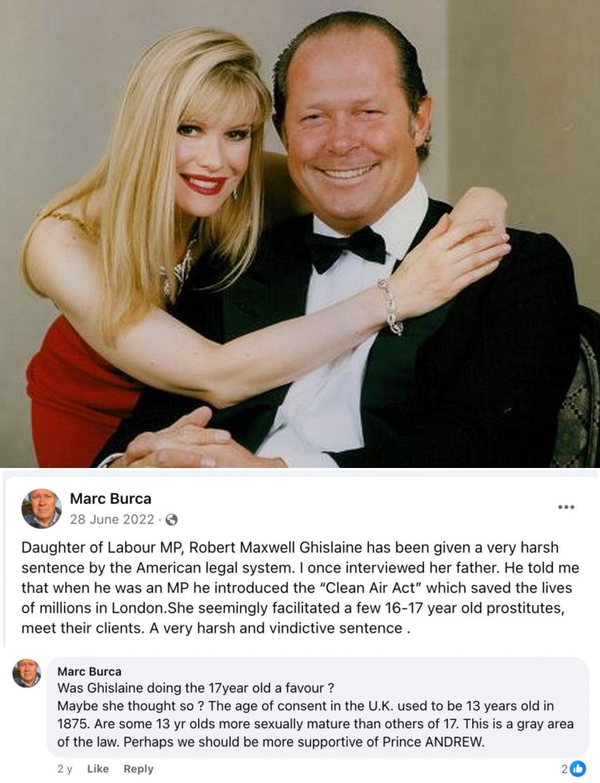 Picture of Baron Burca with a young woman and screencap of his facebook posts