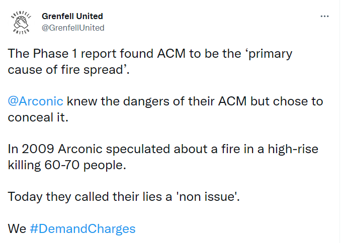 Grenfell United tweet about Arconic. We #DemandCharges.