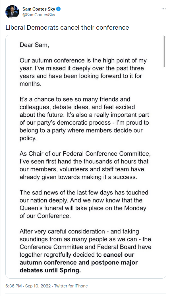 Liberal Democrats Cancel Conference Because Of A Funeral