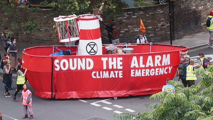 Extinction Rebellion boat sails along Coldharbour Lane, Brixton, Fri 4th Sept 2020