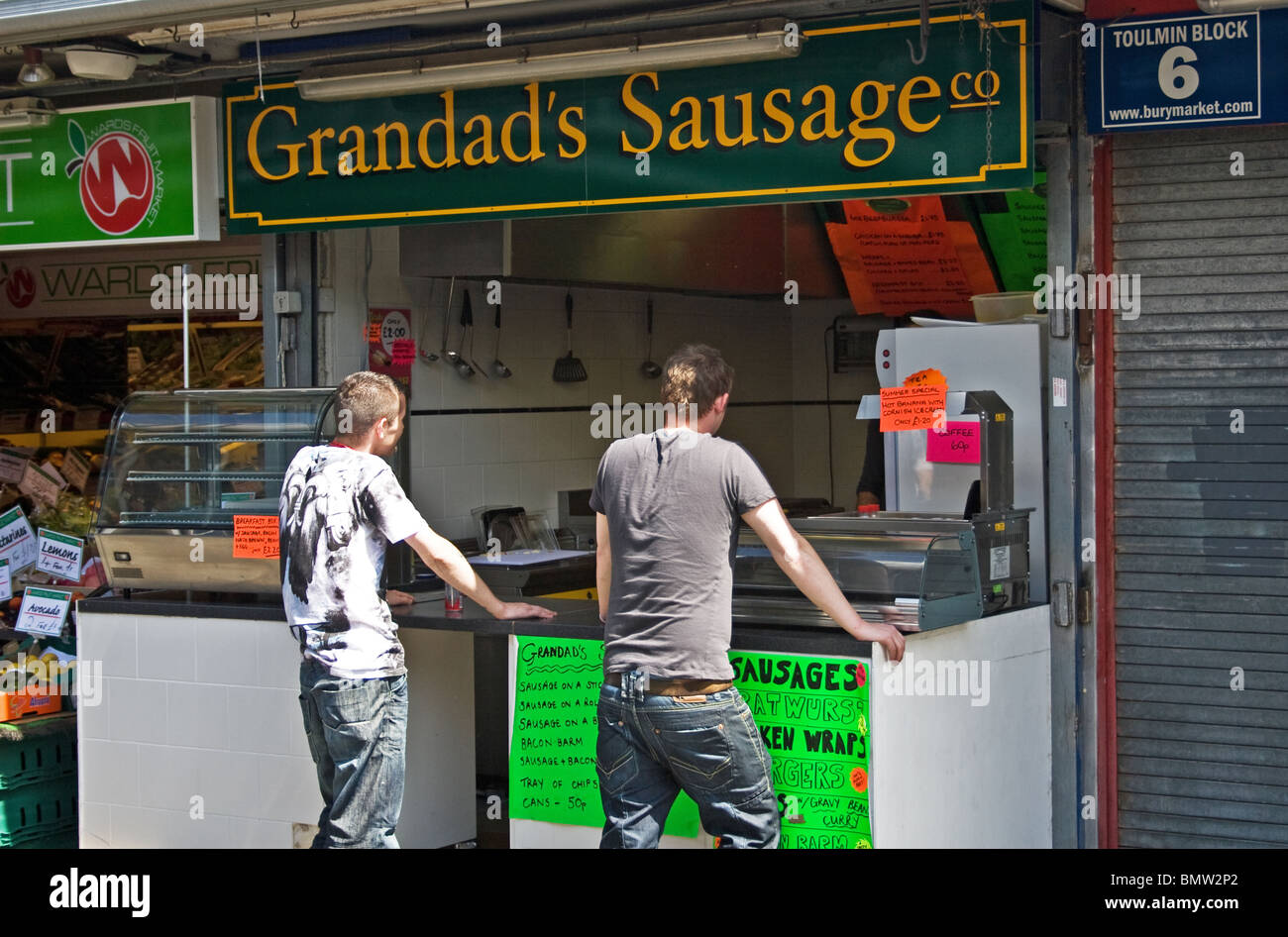 Stall in Bury Market called Grandad's Sausage company