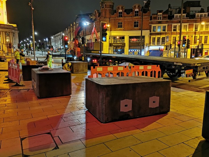 In photos: hefty concrete blocks installed in Windrush Square late at night, 10th July 2020