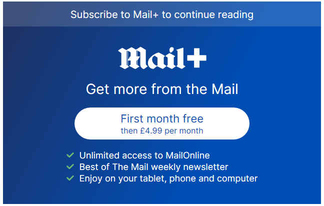 Advert for Mail+. First month free then £4.99 a month.