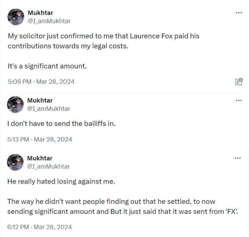 Mukhrar: ''My solicitor just confirmed to me that Laurence Fox paid his contributions towards my legal costs. It's a significant amount.''