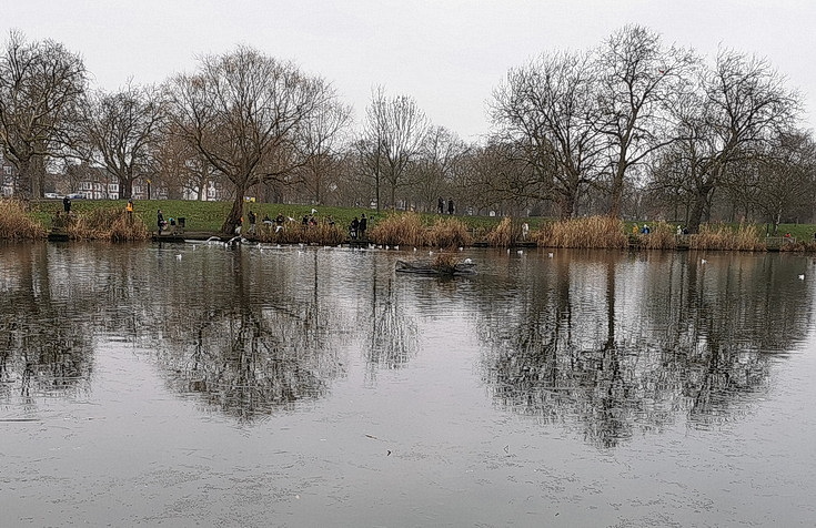 Clapham Common on a winter afternoon: busy crowds, frozen pond and grey skies - photos