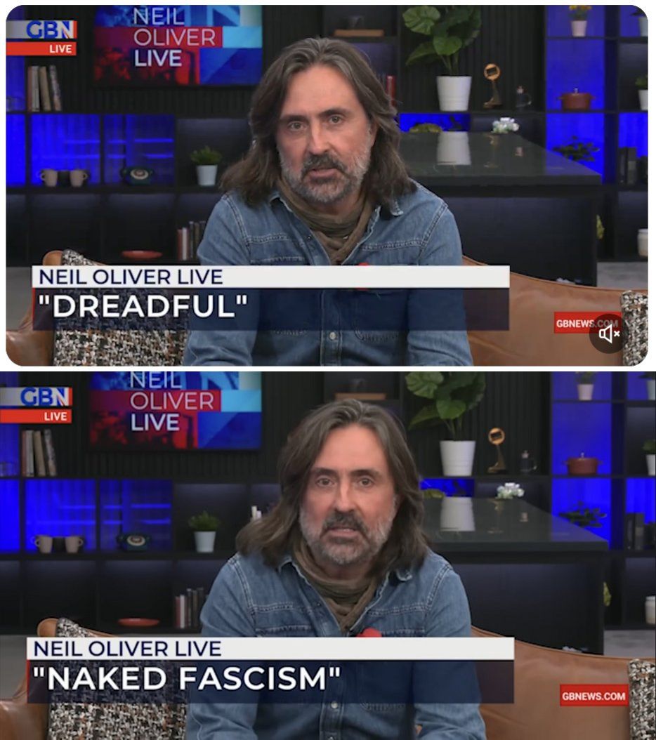 Screenshots from Neil Oliver's show with onscreen banners ''Dreadful'' and ''Naked Fascism''