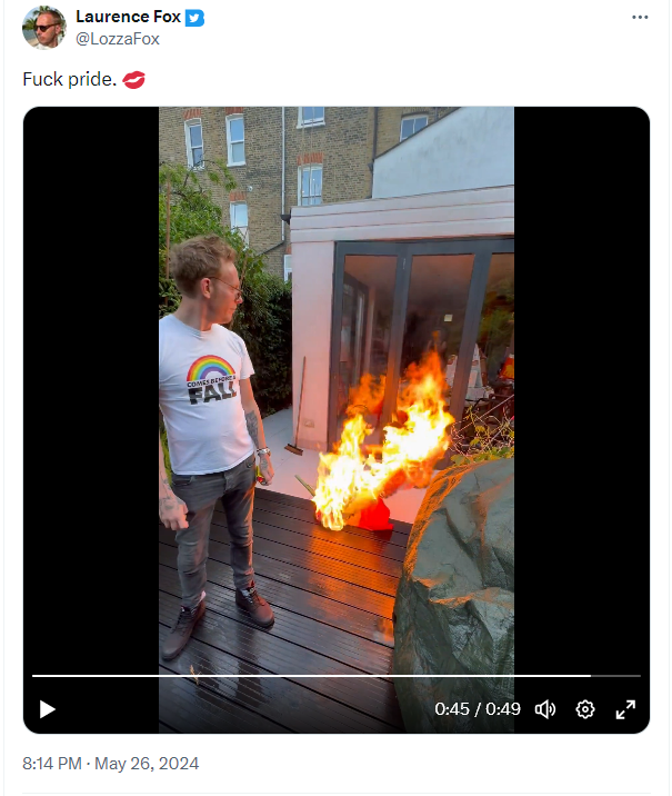 Loser x-tweets ''Fuck Pride'' and a video of burning a pride flag. Again.''Fuck Pride'' and a video of burning a pride flag. Again.