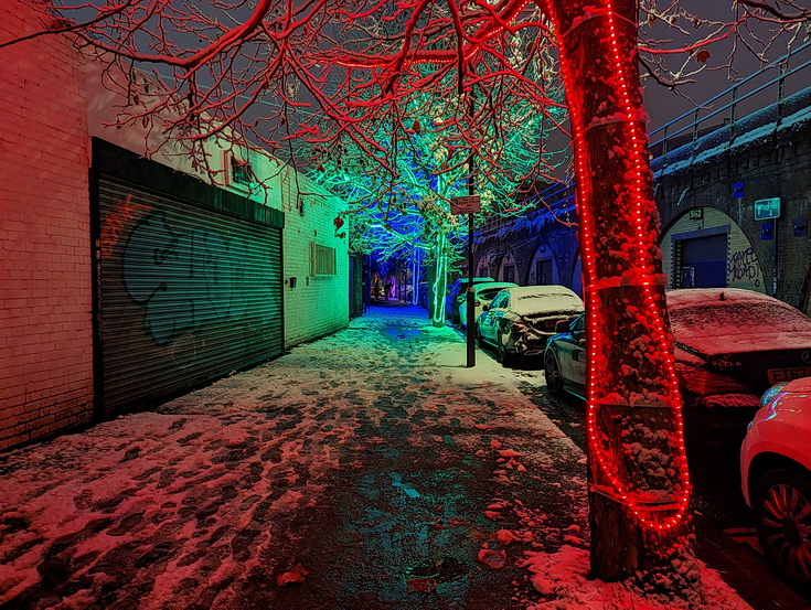 In photos: trees in a neon glow along Brixton Station Road 