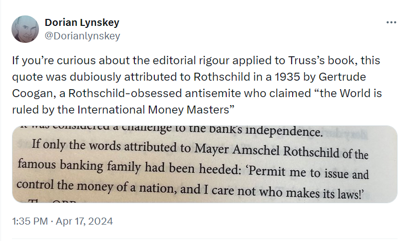 Screencap of x-tweet pointing out that Truss cite's a fake antisemitic quote attributed to Mayer Rothchild